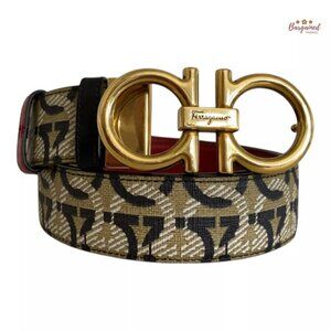 Auth Salvatore Ferragamo Beige/Red Canvas Leather Reversible Gancini Belt 85/34
